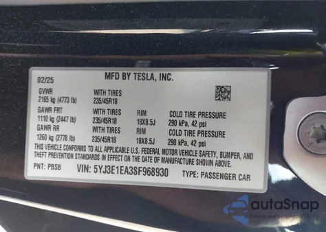 2025 Tesla Model 3 Long Range Rear-Wheel Drive из США, поврежденный, VIN 5YJ3E1EA3SF968930